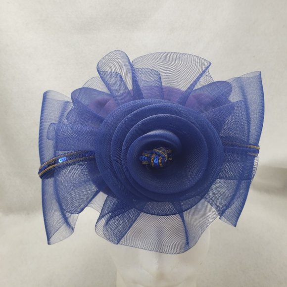 Vintage 80s Church Hat Oversize Bow Wool Felt Formal Tulle Blue Gold Sequins USA - Picture 2 of 14